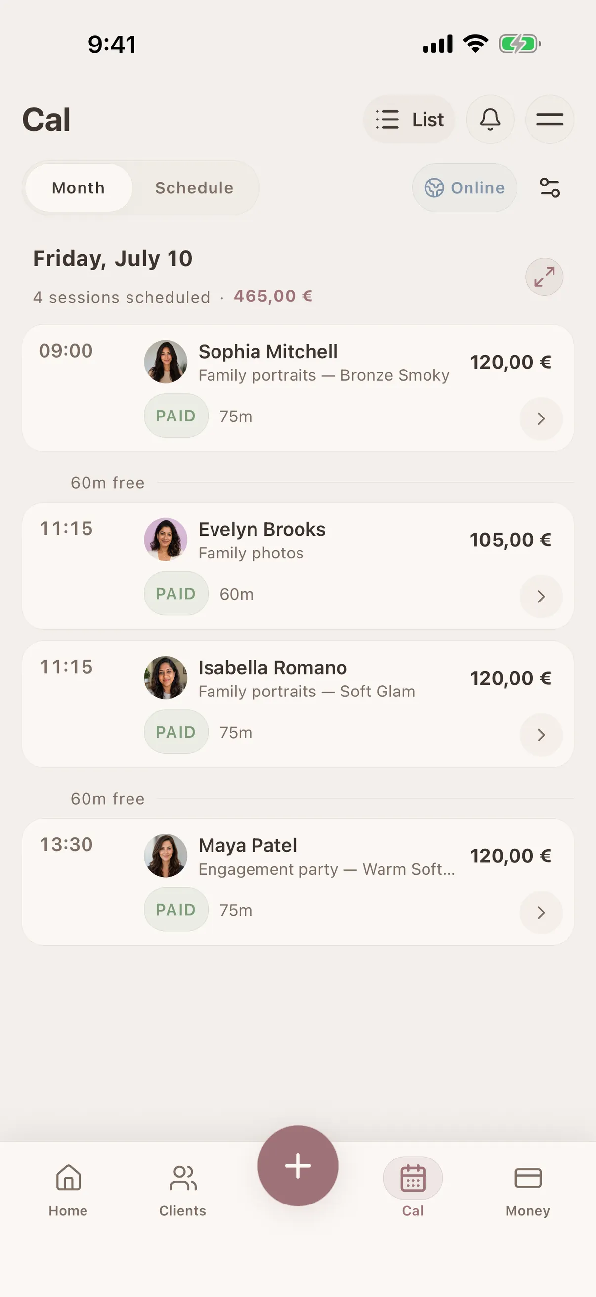 Cancelled Glamorph online booking with its deposit and refund status preserved in calendar history