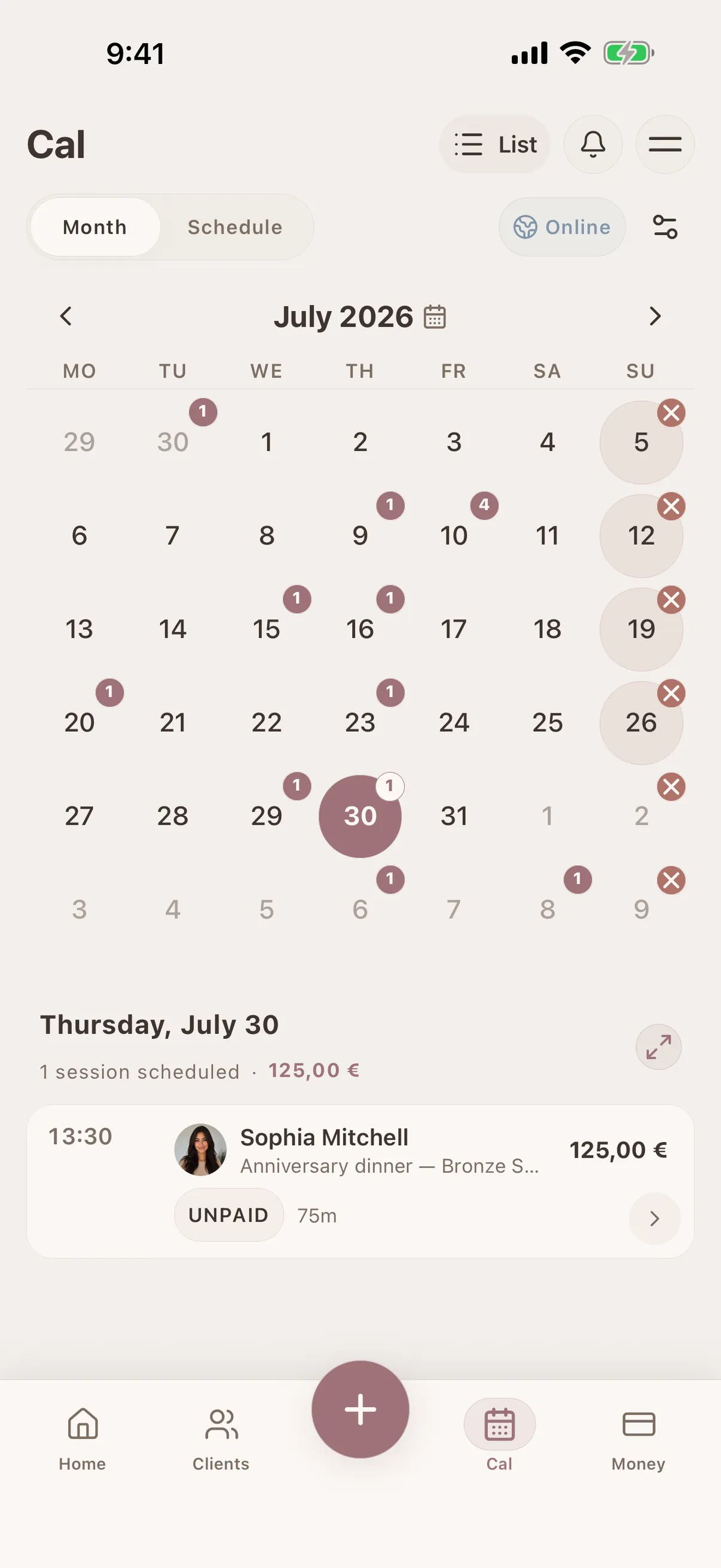 Publish a booking page with services, professionals, live availability and your rules. Confirmed bookings join the same calendar and client history.