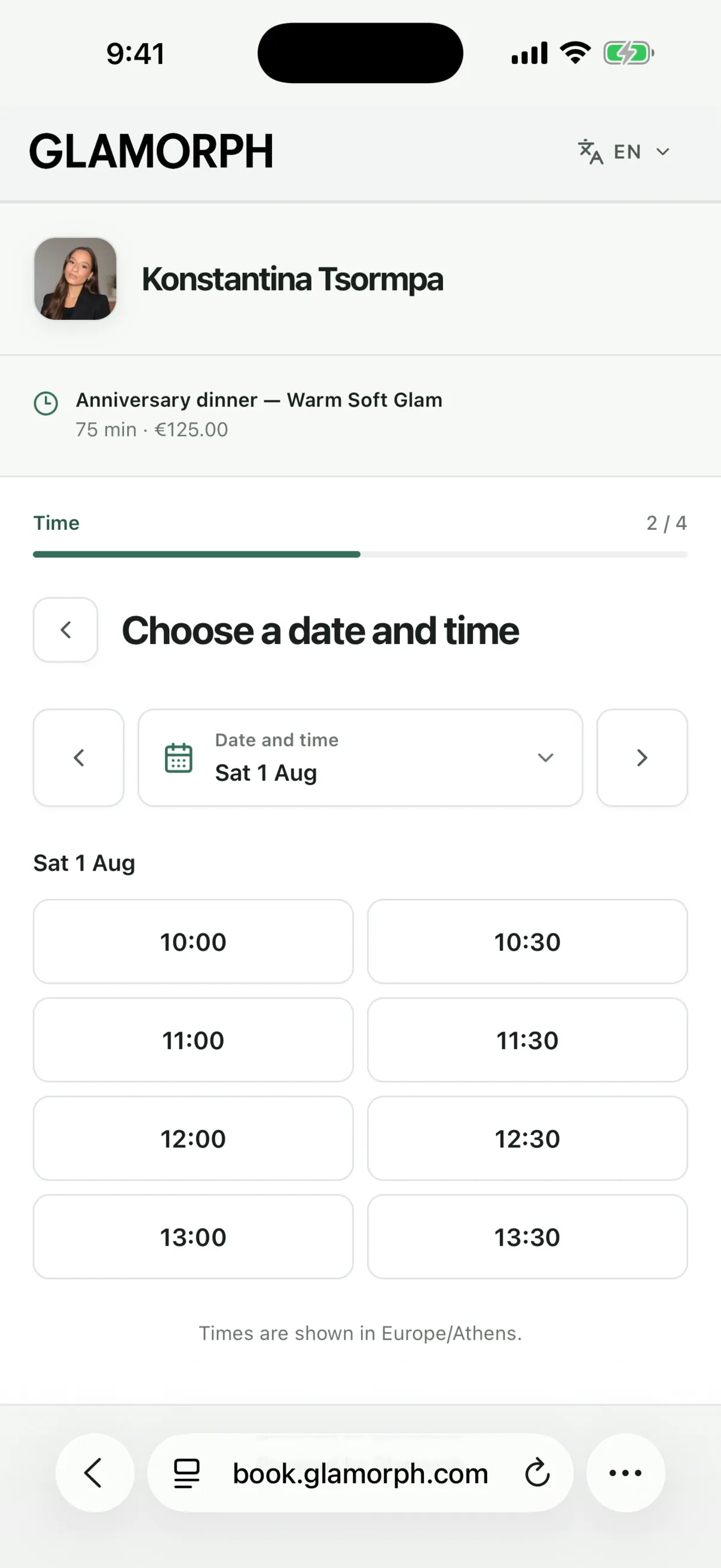 Glamorph online booking page where a beauty client chooses a service and live appointment time