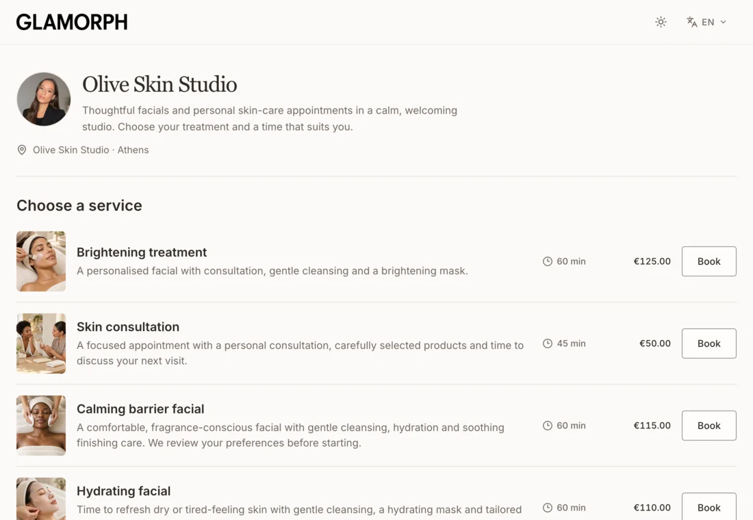 Glamorph booking page in English with facial service photos, descriptions, prices and durations