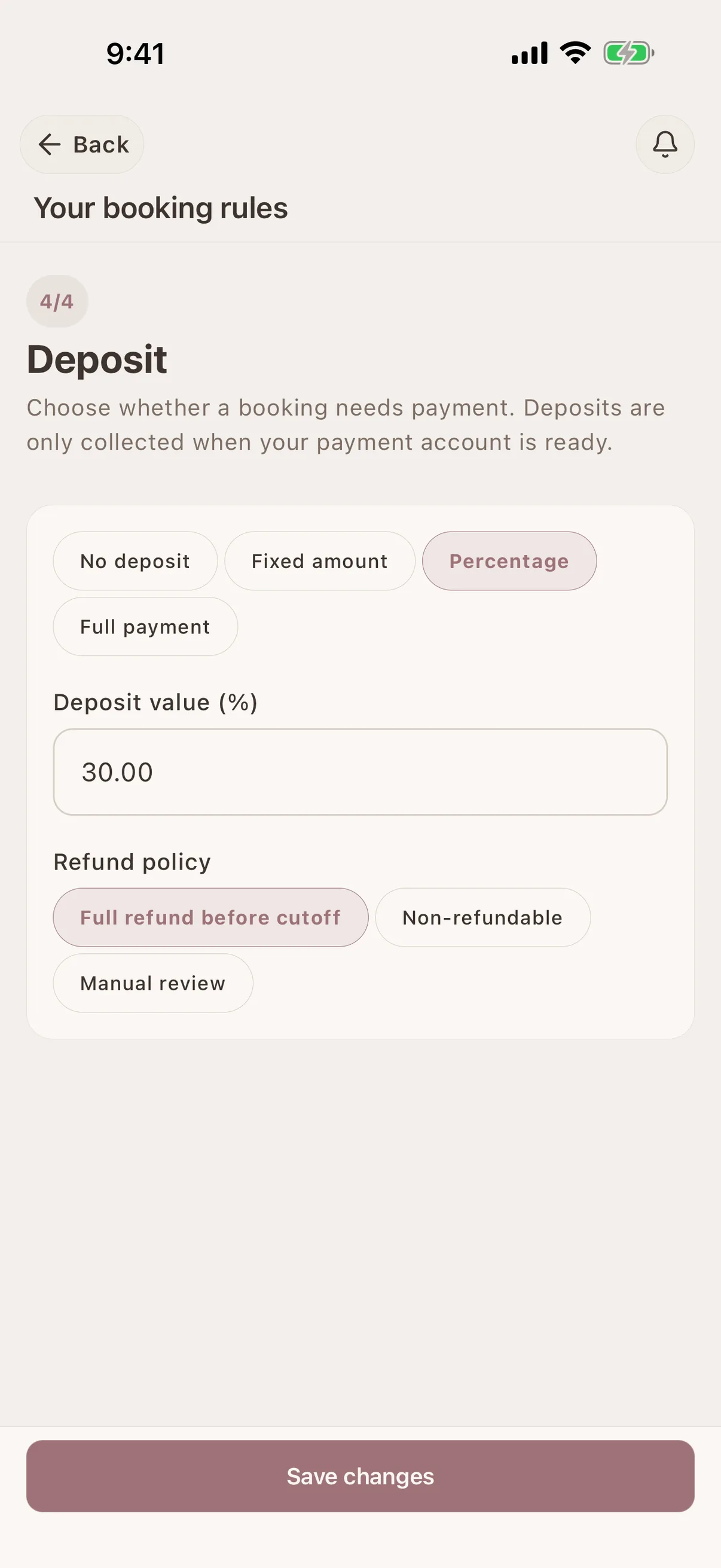 Glamorph online booking deposit rules with no deposit, fixed amount, percentage, full payment, and refund policy options