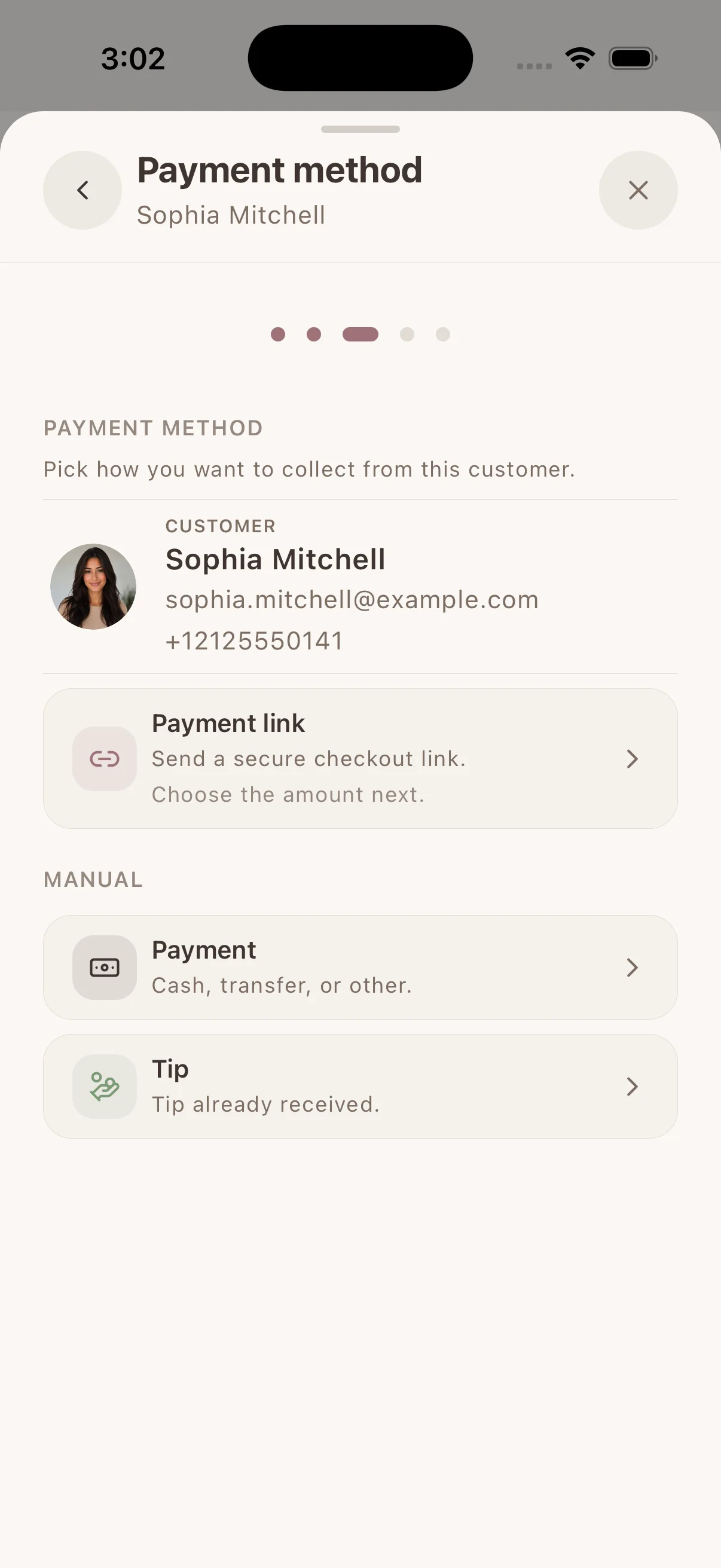 Glamorph payment method screen with a client and secure Payment Link option