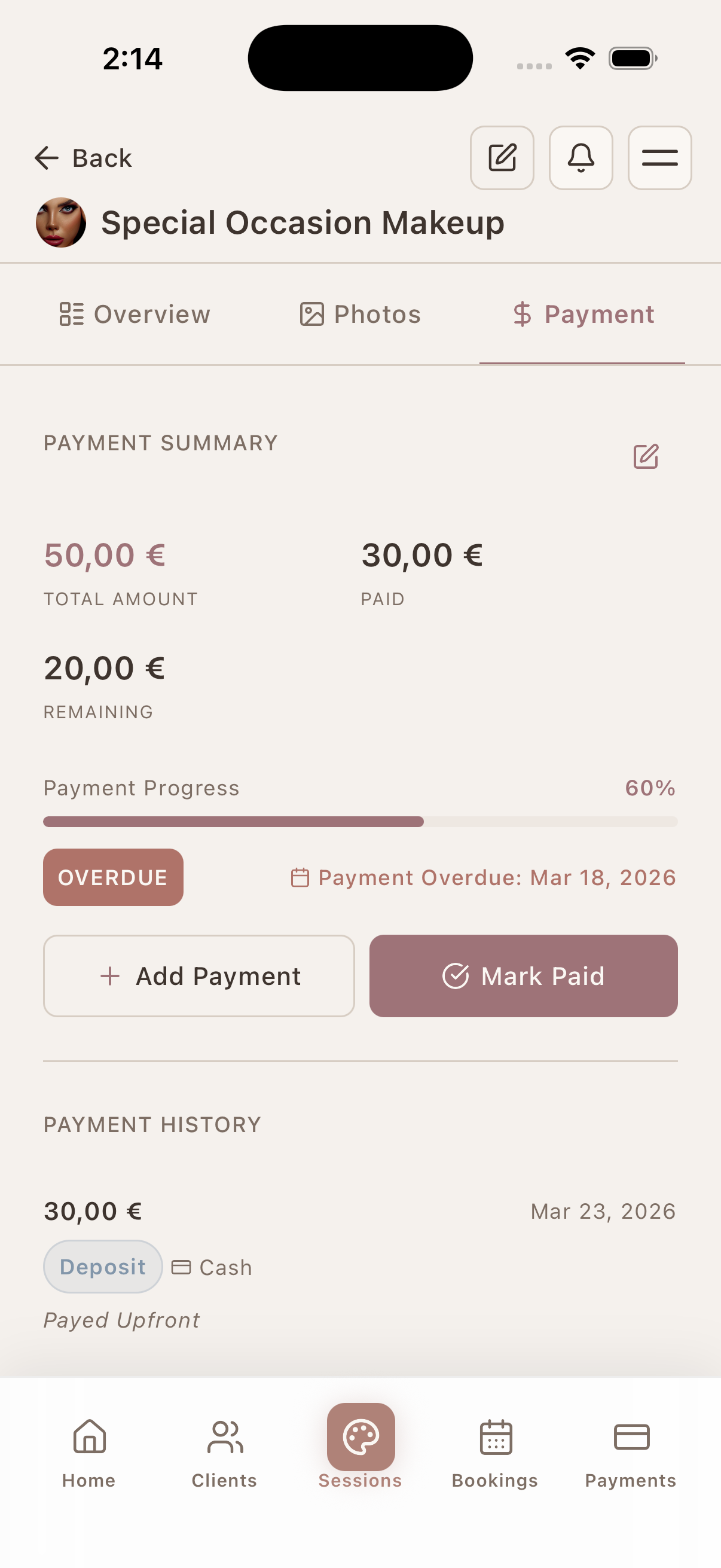 Track payments per session