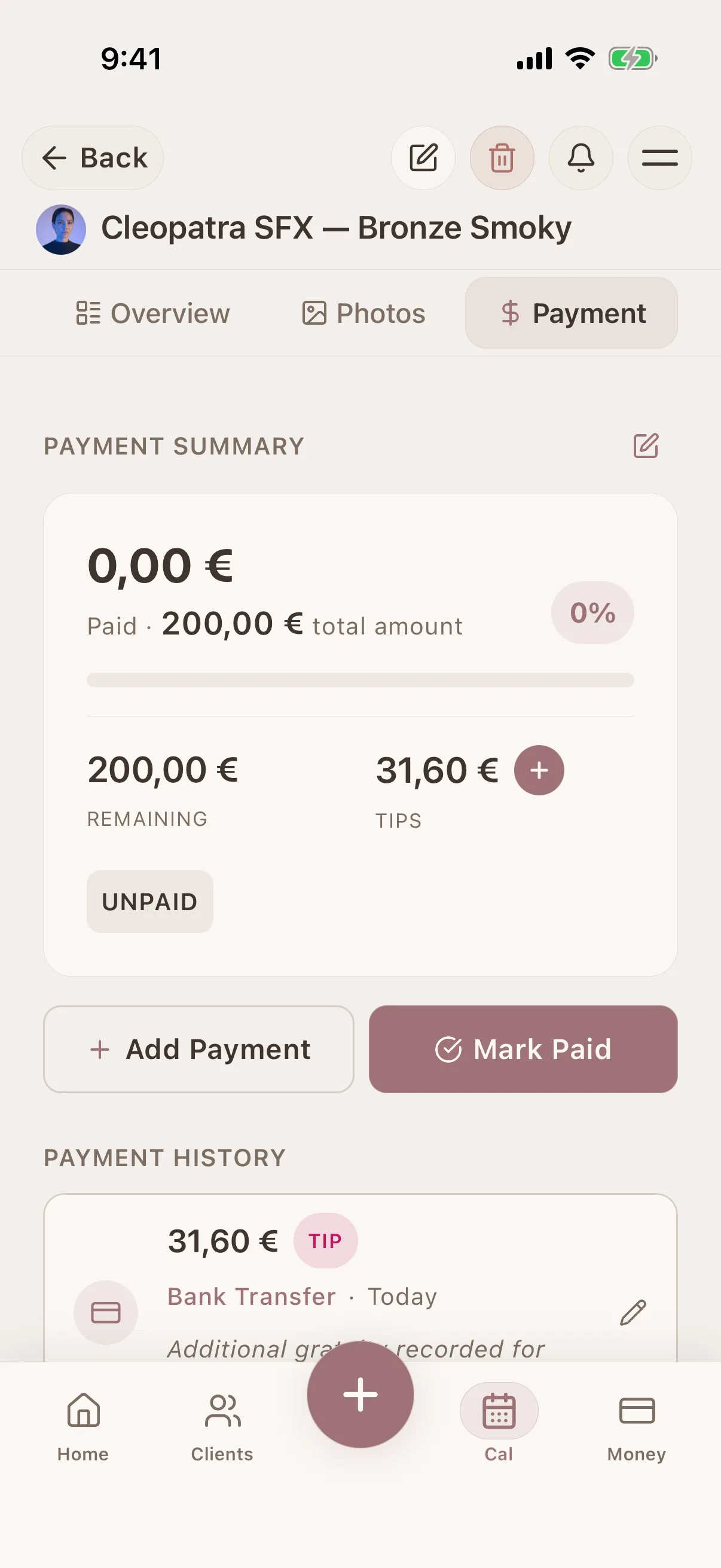 Glamorph payment tracking screenshot