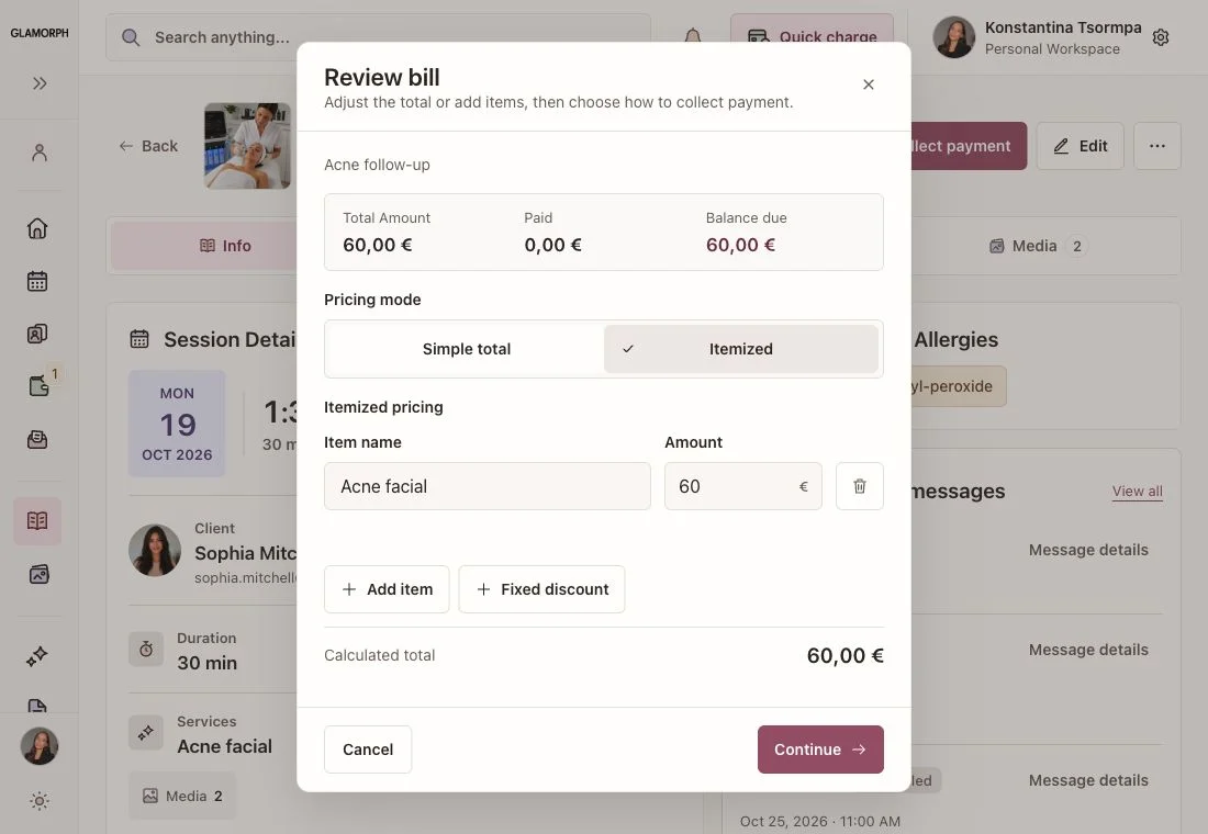 Appointment checkout with services, previous payments and remaining balance in the English Glamorph web app