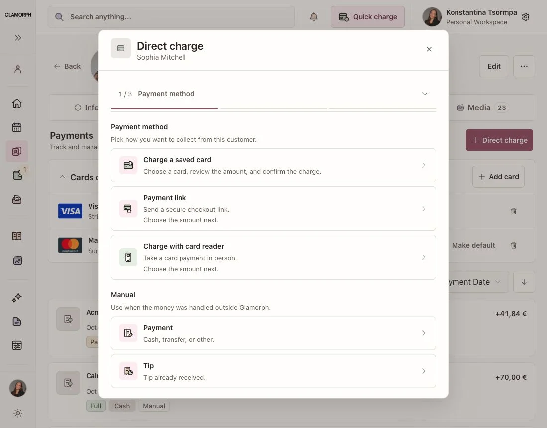 Glamorph payment choices for an appointment, including saved card, payment link, reader and manual payment, in the English web app