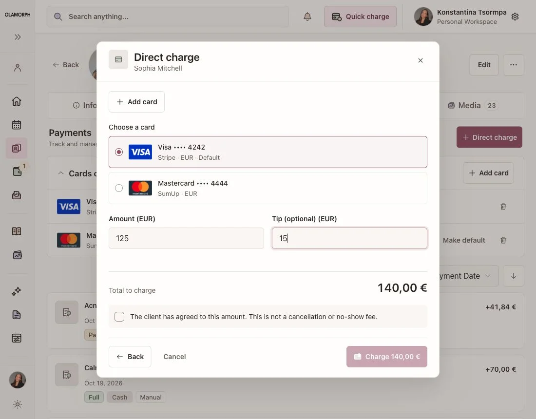 Saved-card checkout with a fictional Visa selected, a Mastercard alternative and the amount to charge in the English Glamorph web app