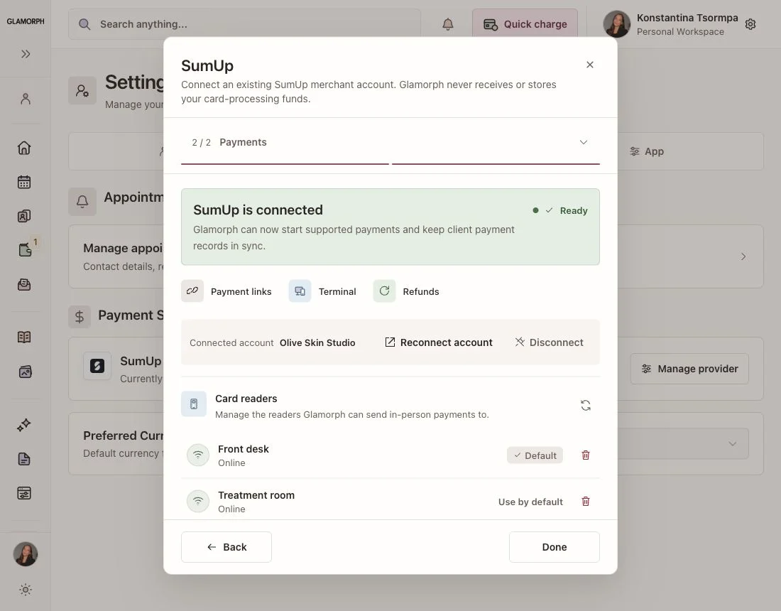 SumUp card-reader settings and pairing in the English Glamorph web app