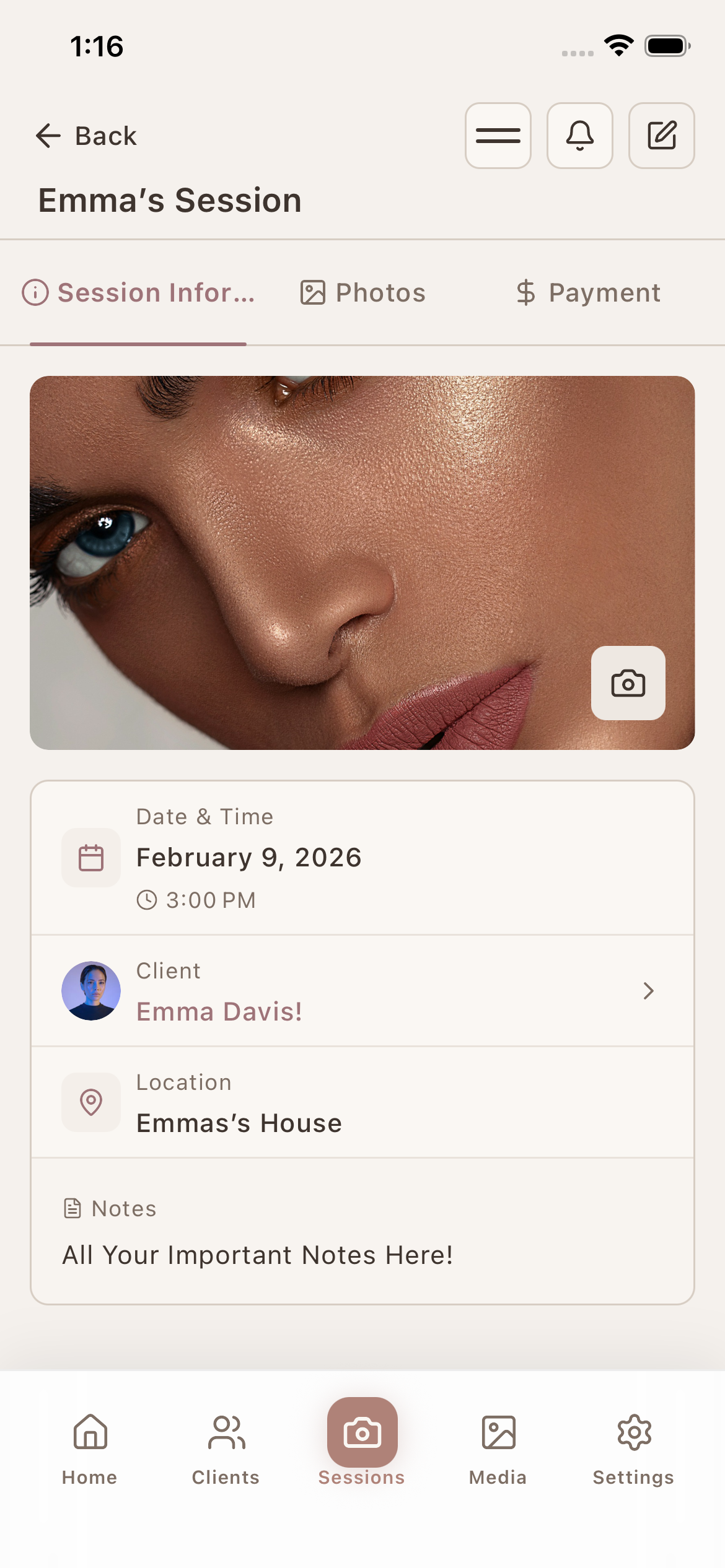 Photos and notes attached to sessions