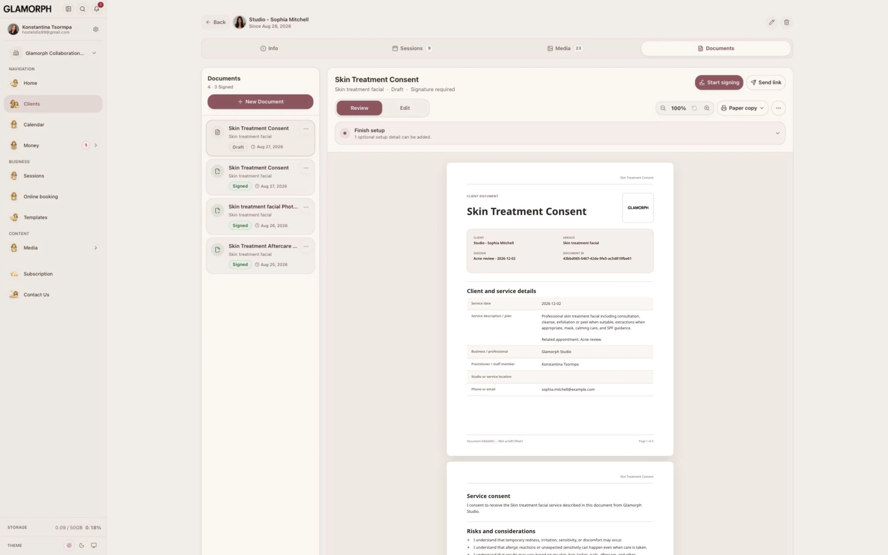 Frozen signed records and PDF exports — Glamorph