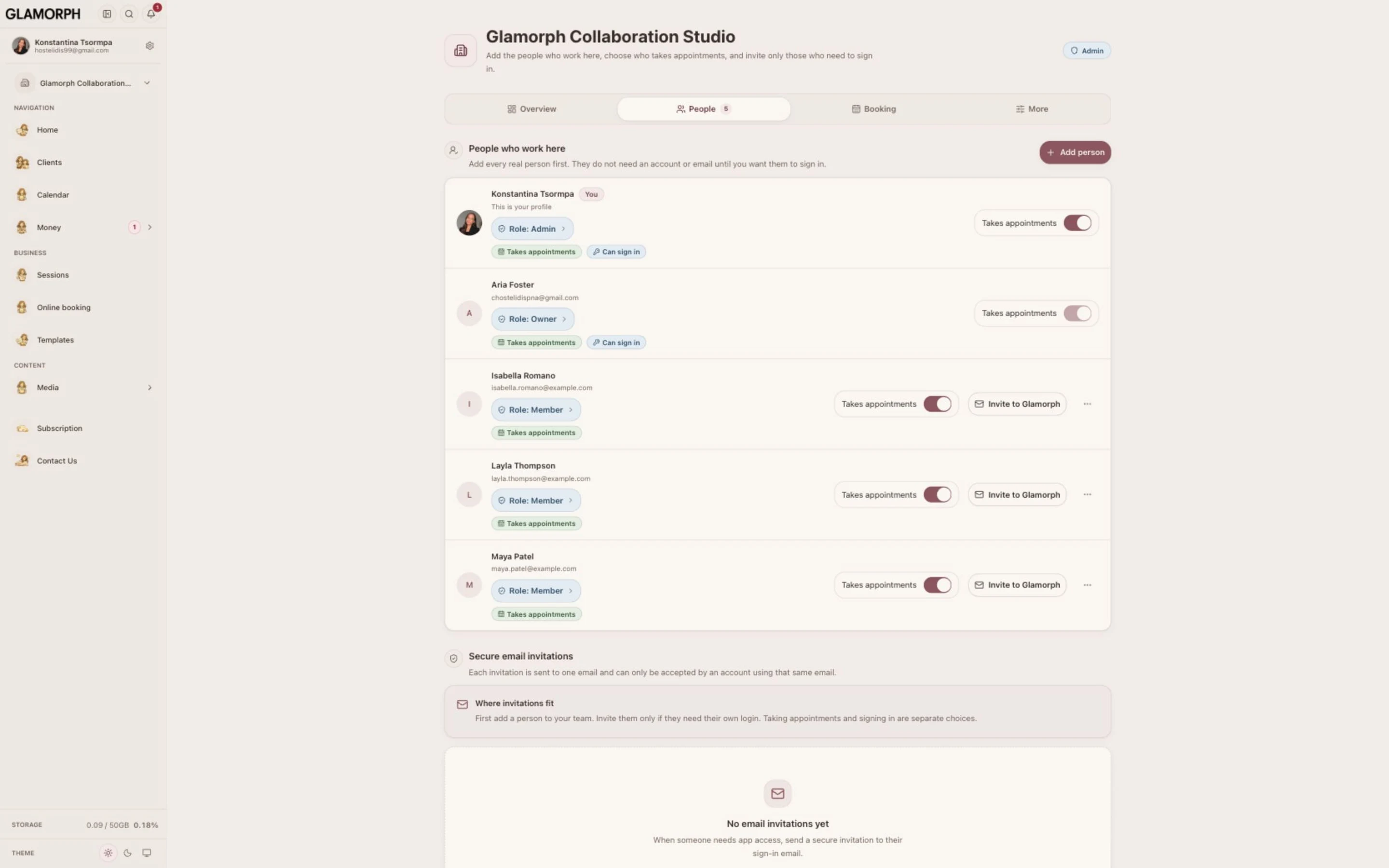 People, logins, and calendars stay separate — Glamorph
