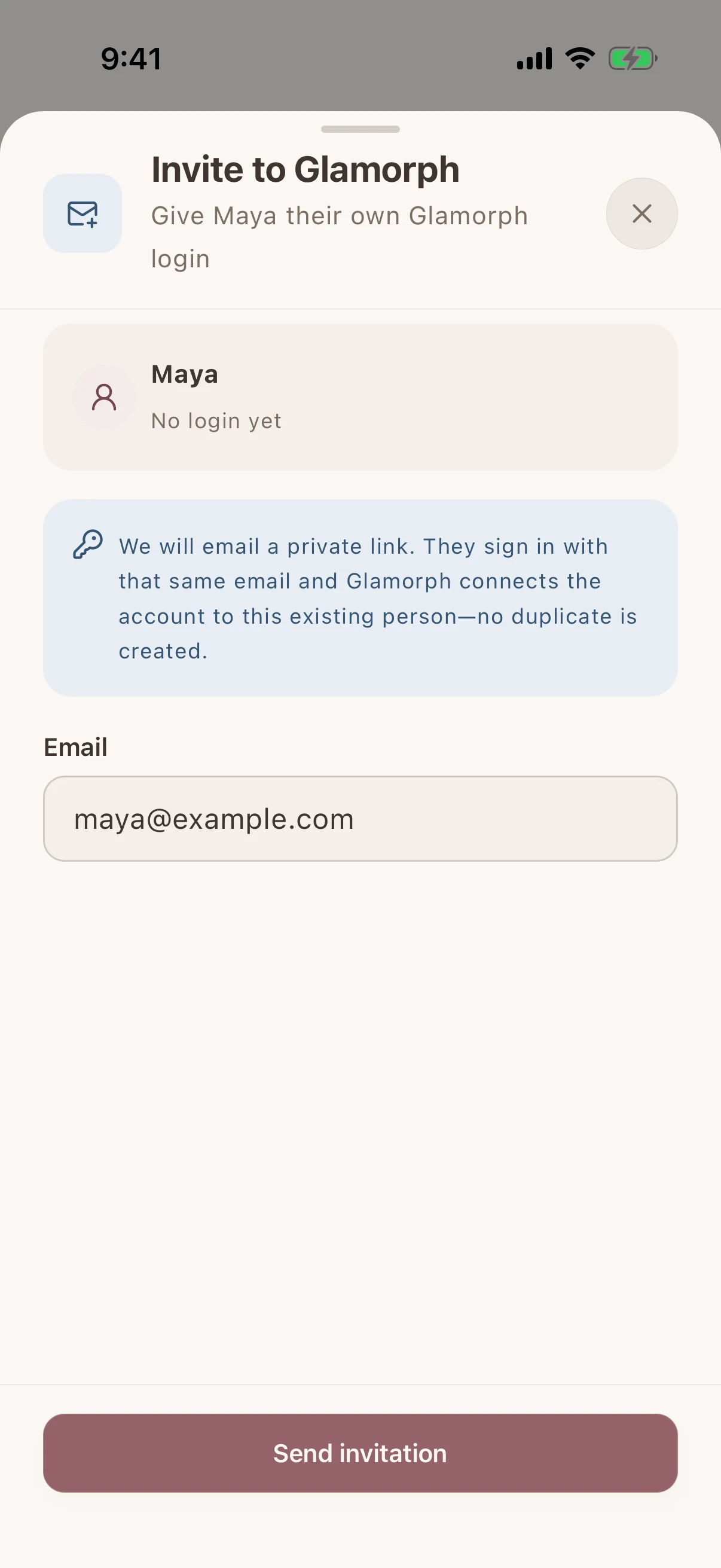 Glamorph email invitation for giving Maya her own login