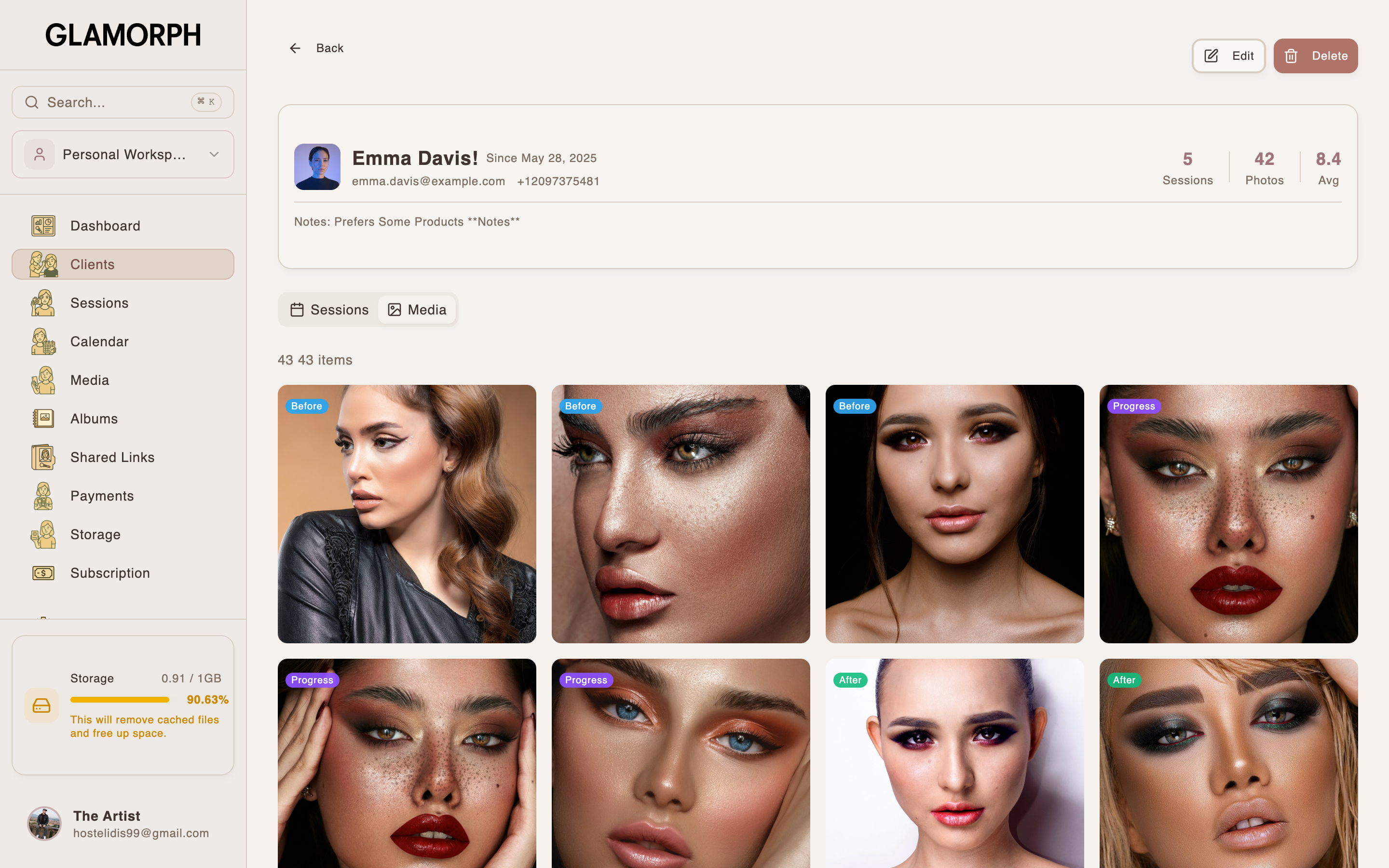 Glamorph web app dashboard showing client management