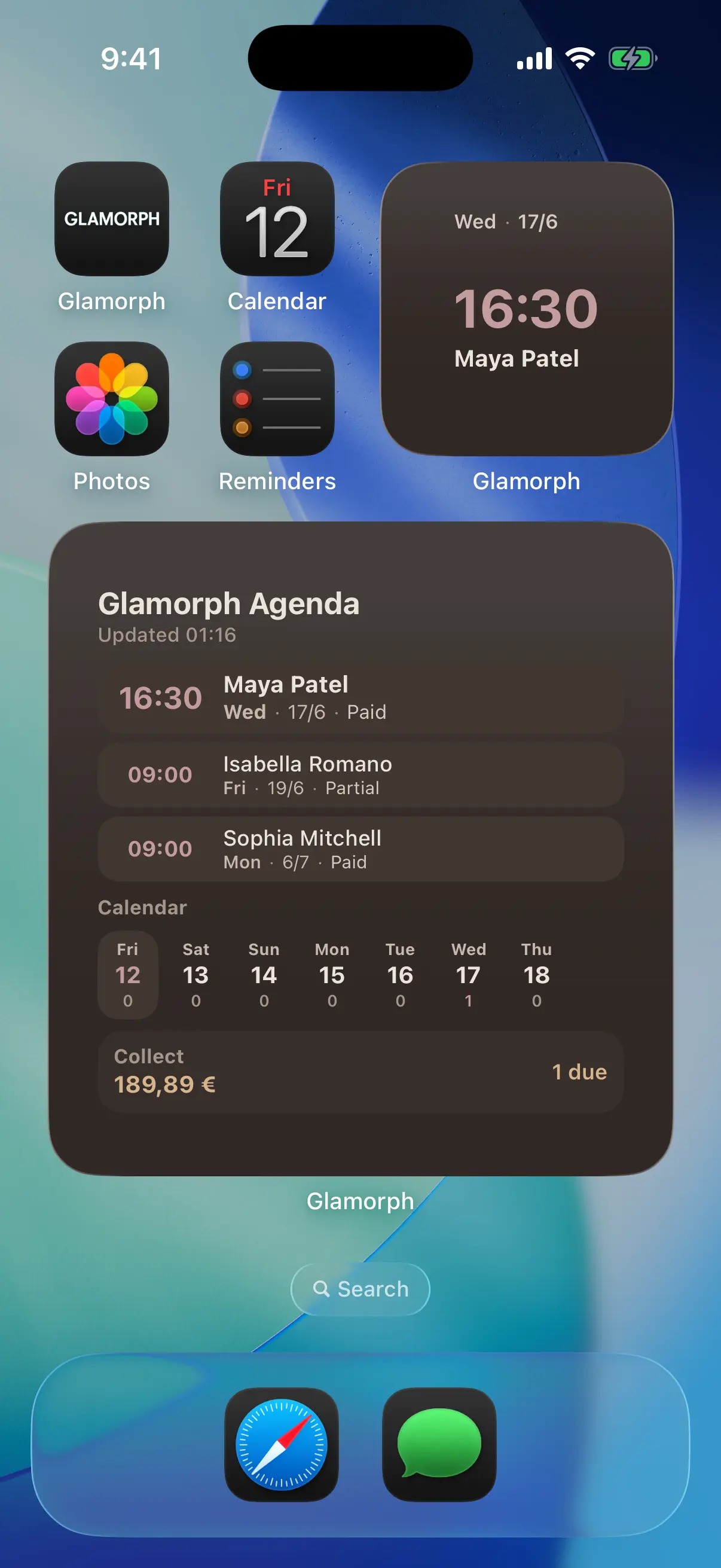 Glamorph iPhone widget showing today's beauty appointments in dark mode