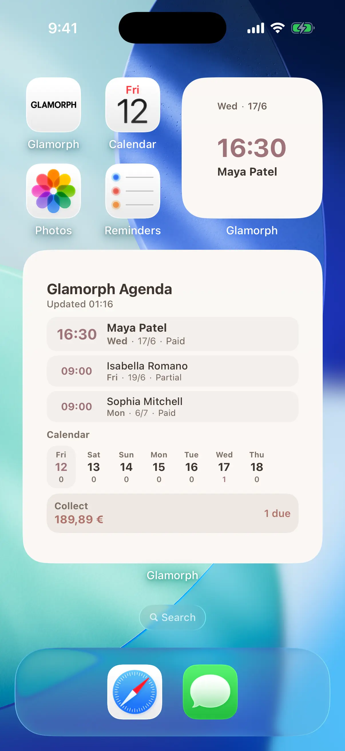 Glamorph iPhone widget showing today's beauty appointments