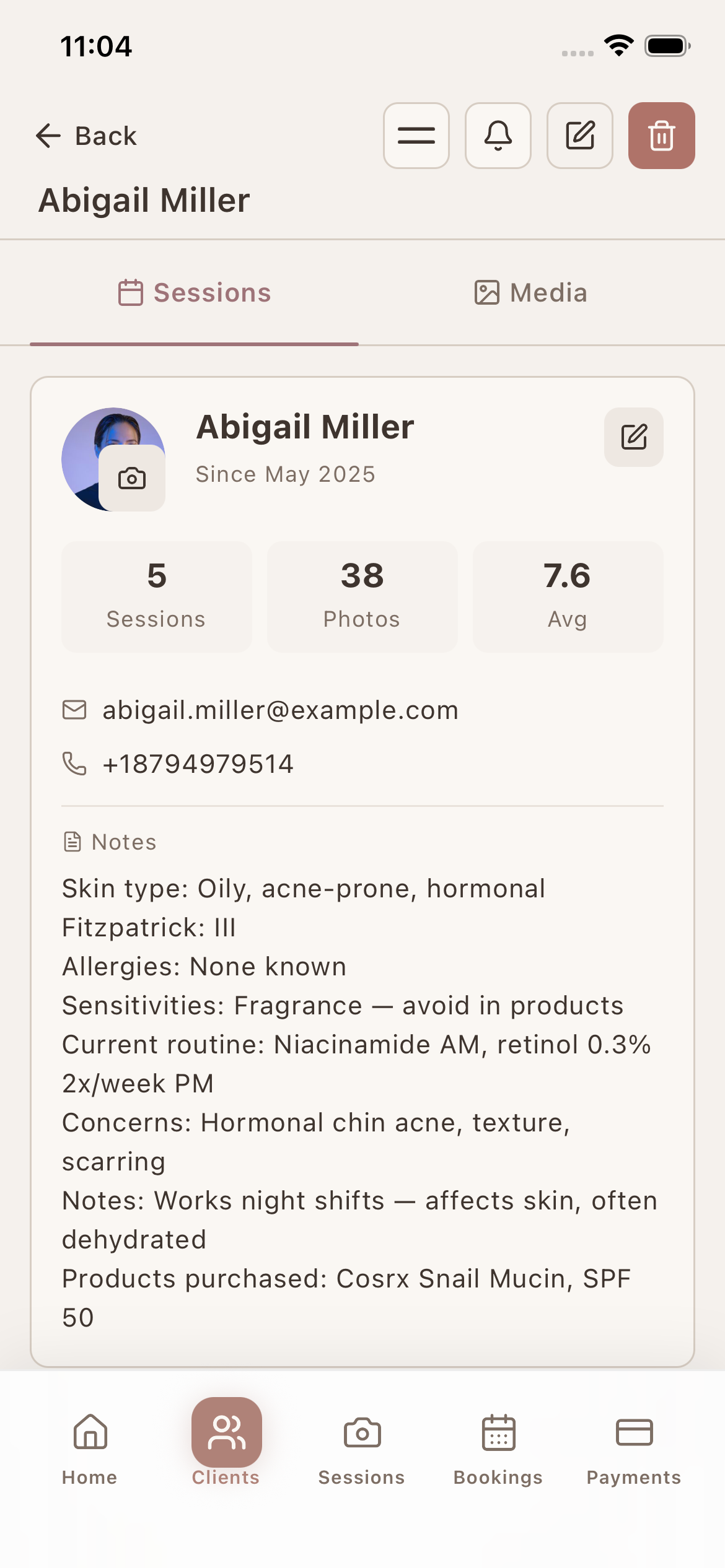 Skin profile per client — the part you actually need open mid-treatment