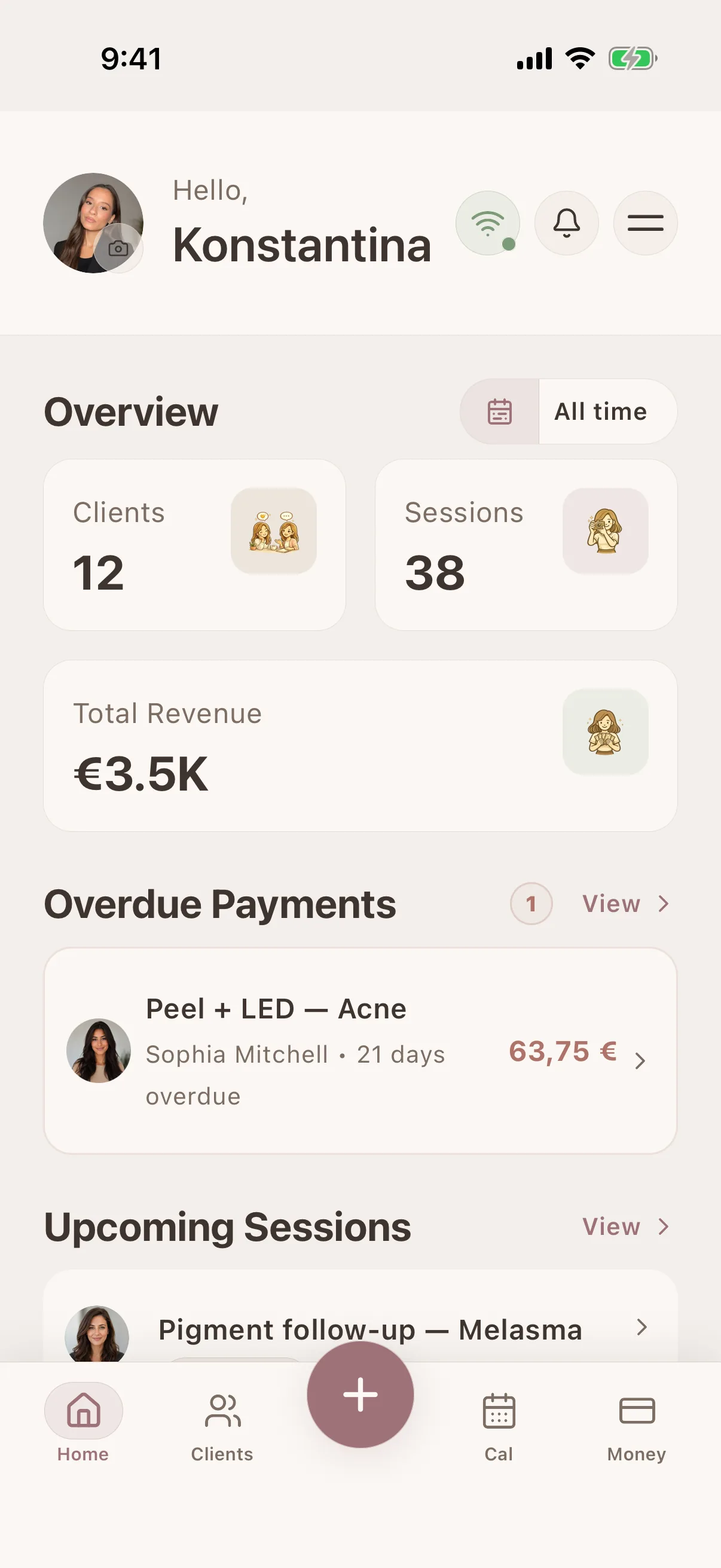 Esthetician client profile with progress photo timeline in Glamorph