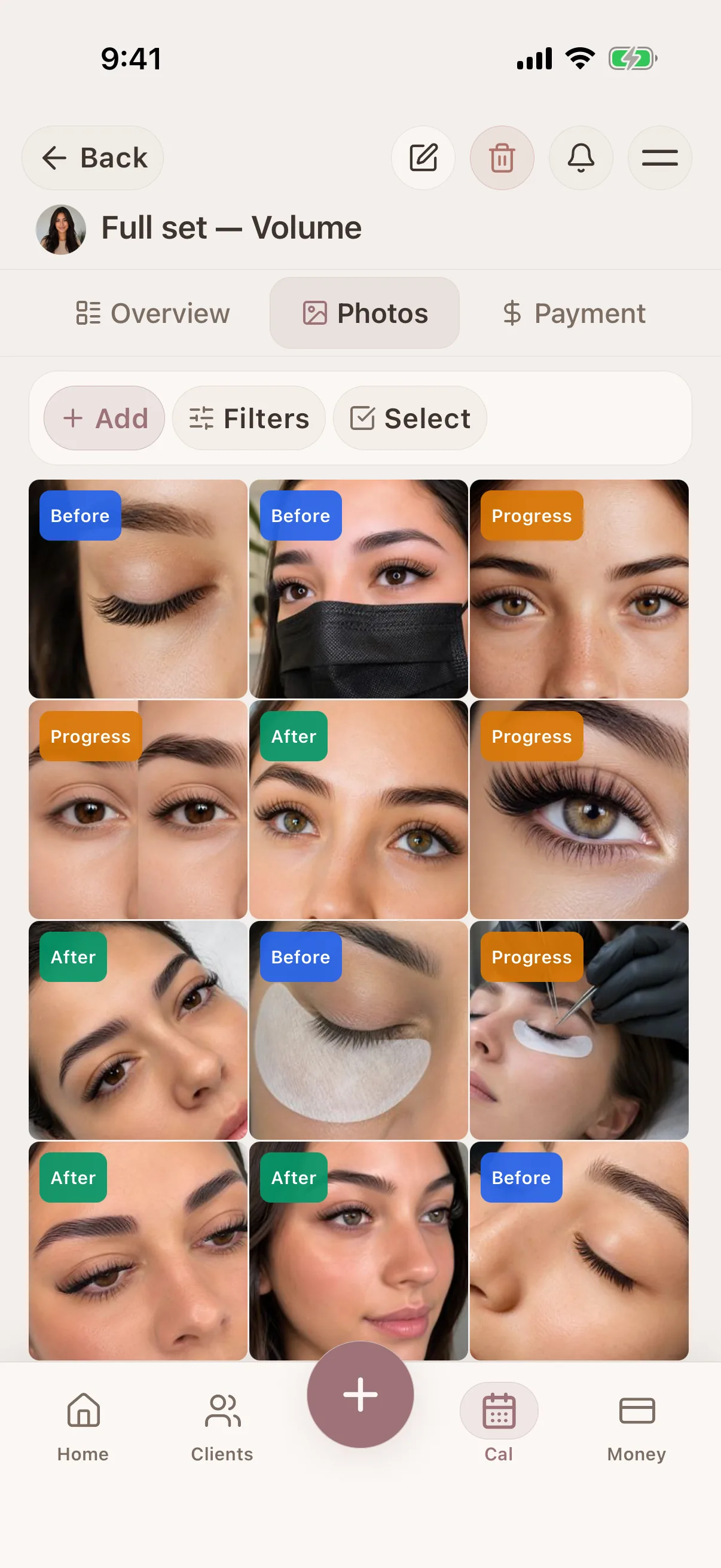 Lash Artists Glamorph photo and session history screen