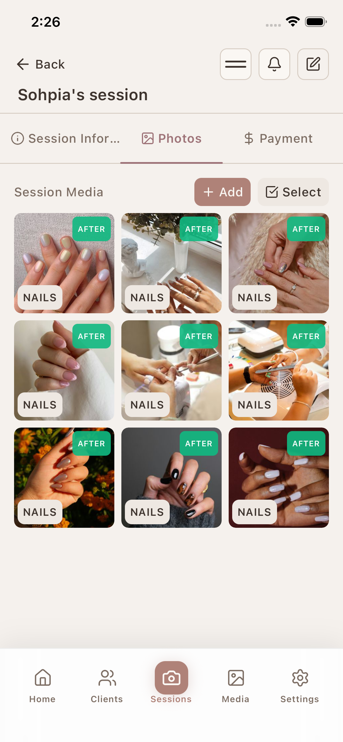 Solo nail technician using Glamorph to track gel allergies and tagged nail design photos
