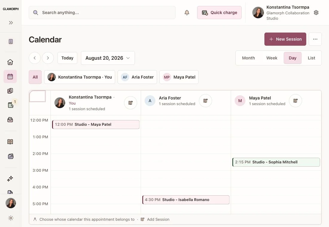Piercing appointments and follow-up visits — Glamorph. English interface with example data