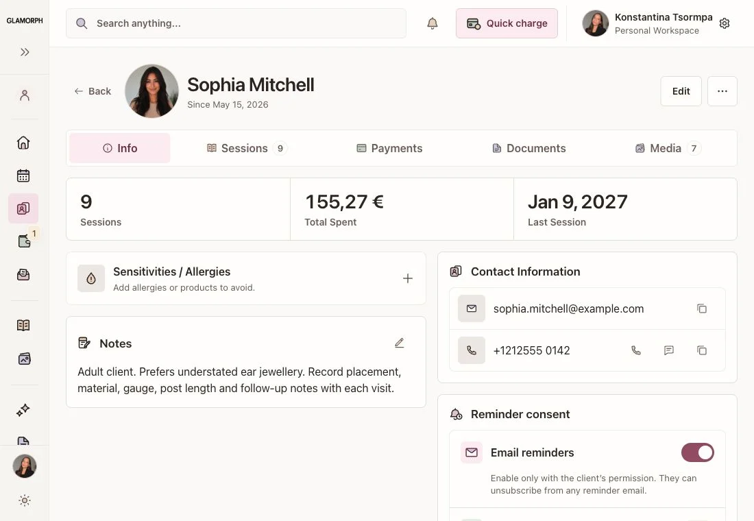 Piercing records and jewellery history — Glamorph. English interface with example data