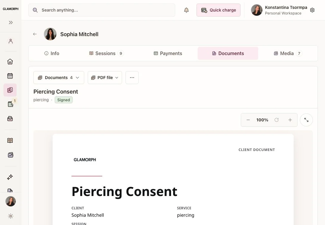 Signed documents in the client record — Glamorph. English interface with example data
