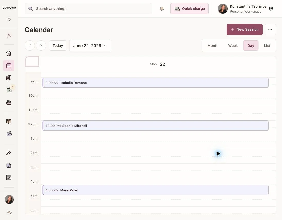 Appointments, consultations and repeat sessions — Glamorph. English interface with example data