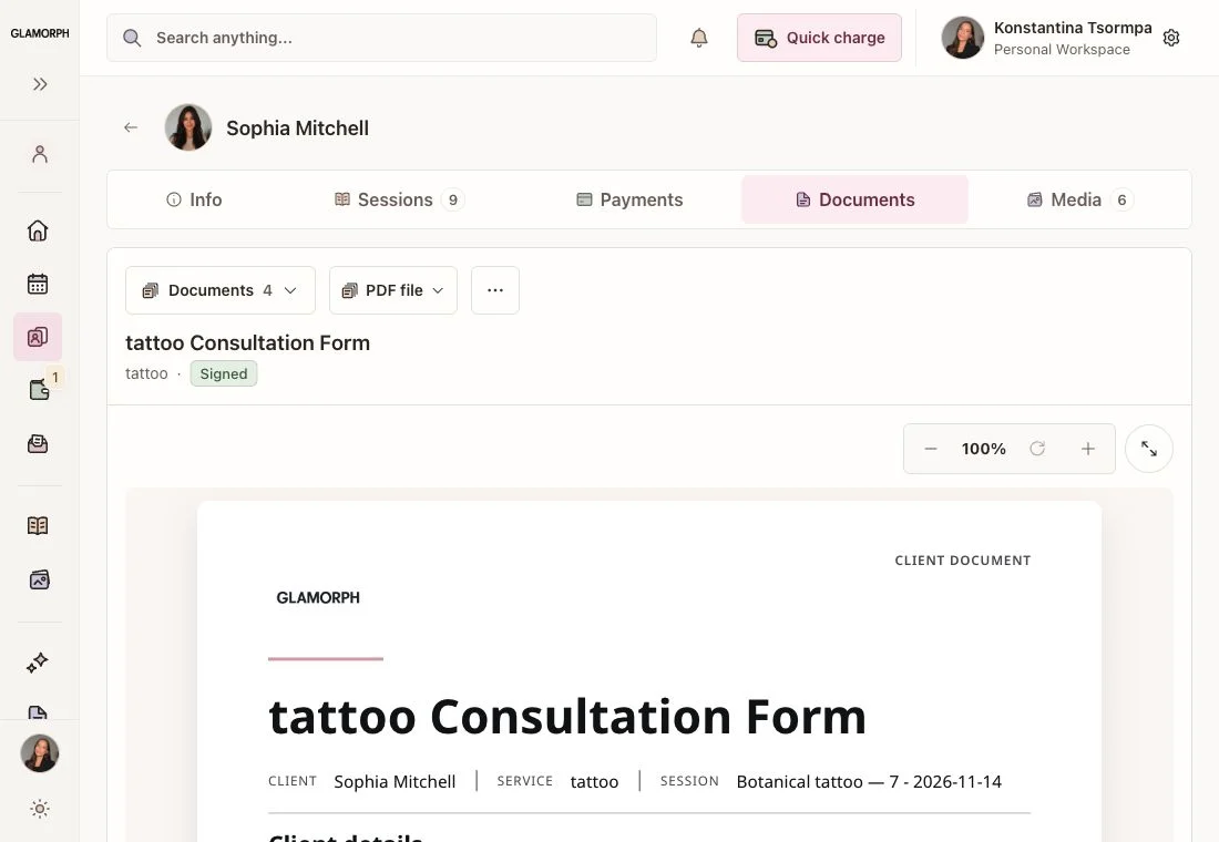 Consultation and consent documents — Glamorph. English interface with example data