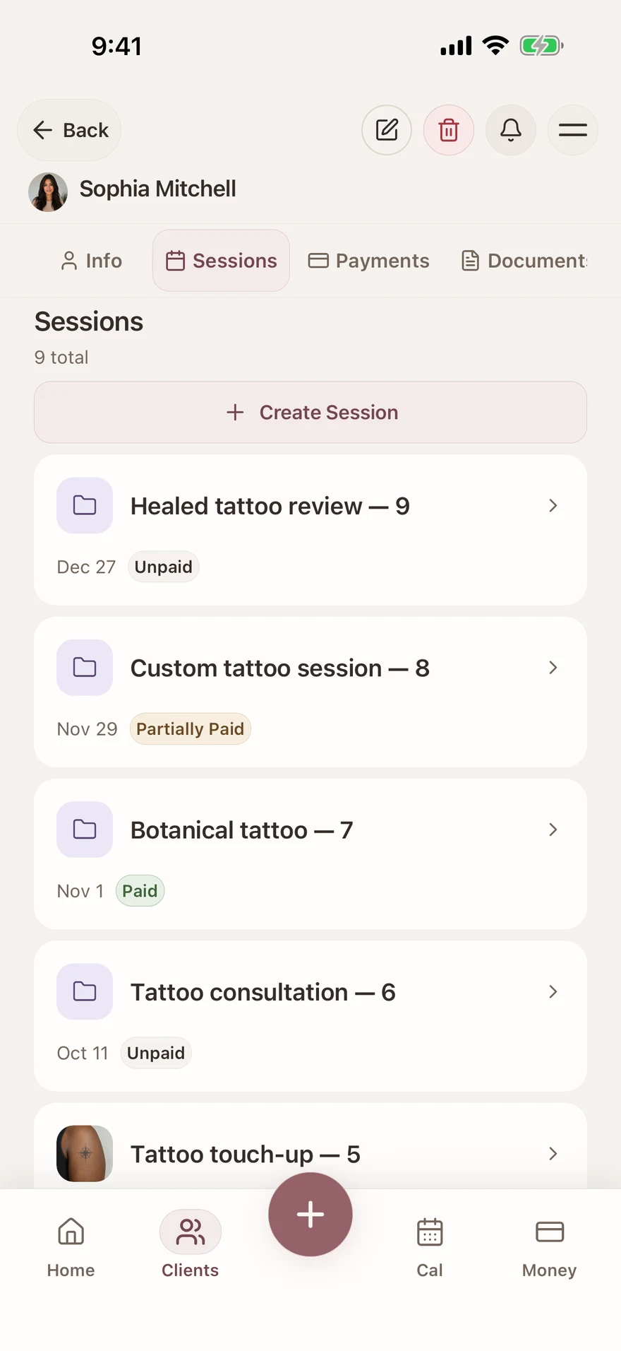 Tattoo client records and session history — Glamorph. English interface with example data