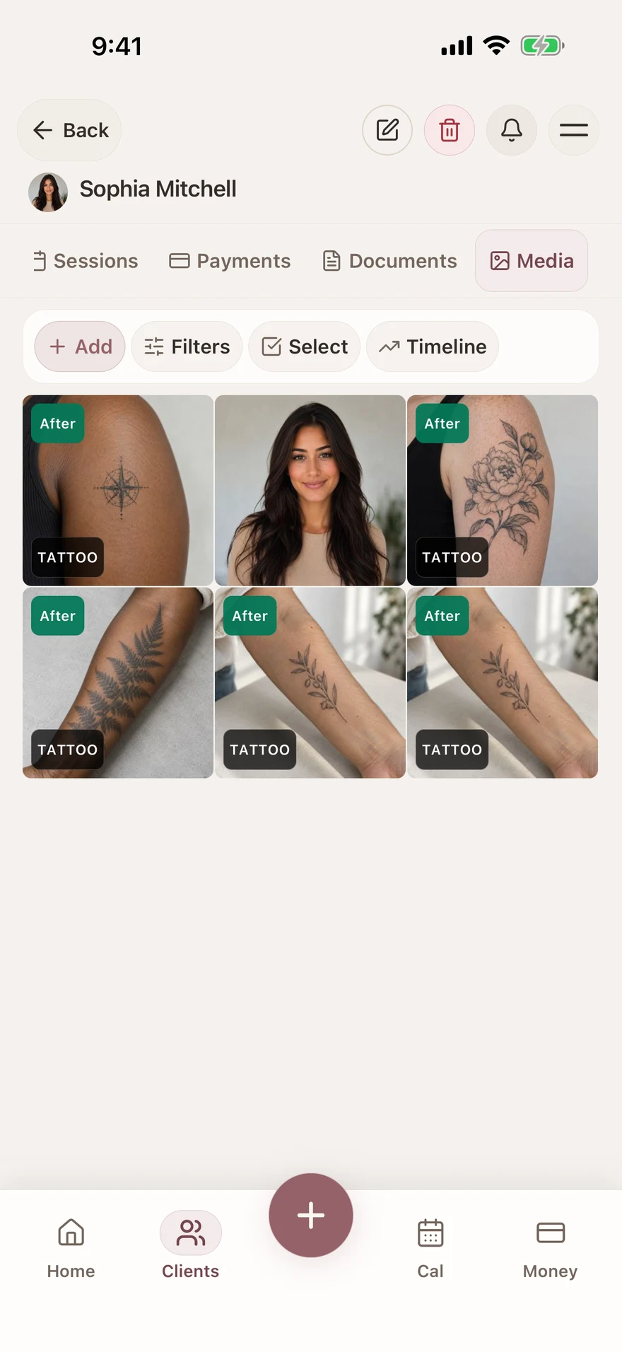 Tattoo designs and healed-work photos — Glamorph. English interface with example data