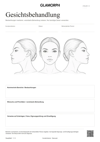 Vorlagenvorschau: Gesichtsskizze und Behandlungsprotokoll — Salbeigrün · 3 Seiten