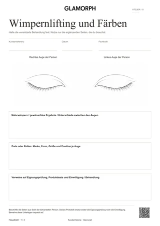 Vorlagenvorschau: Behandlungsprotokoll für Wimpernlifting und Färben — Beige · 3 Seiten