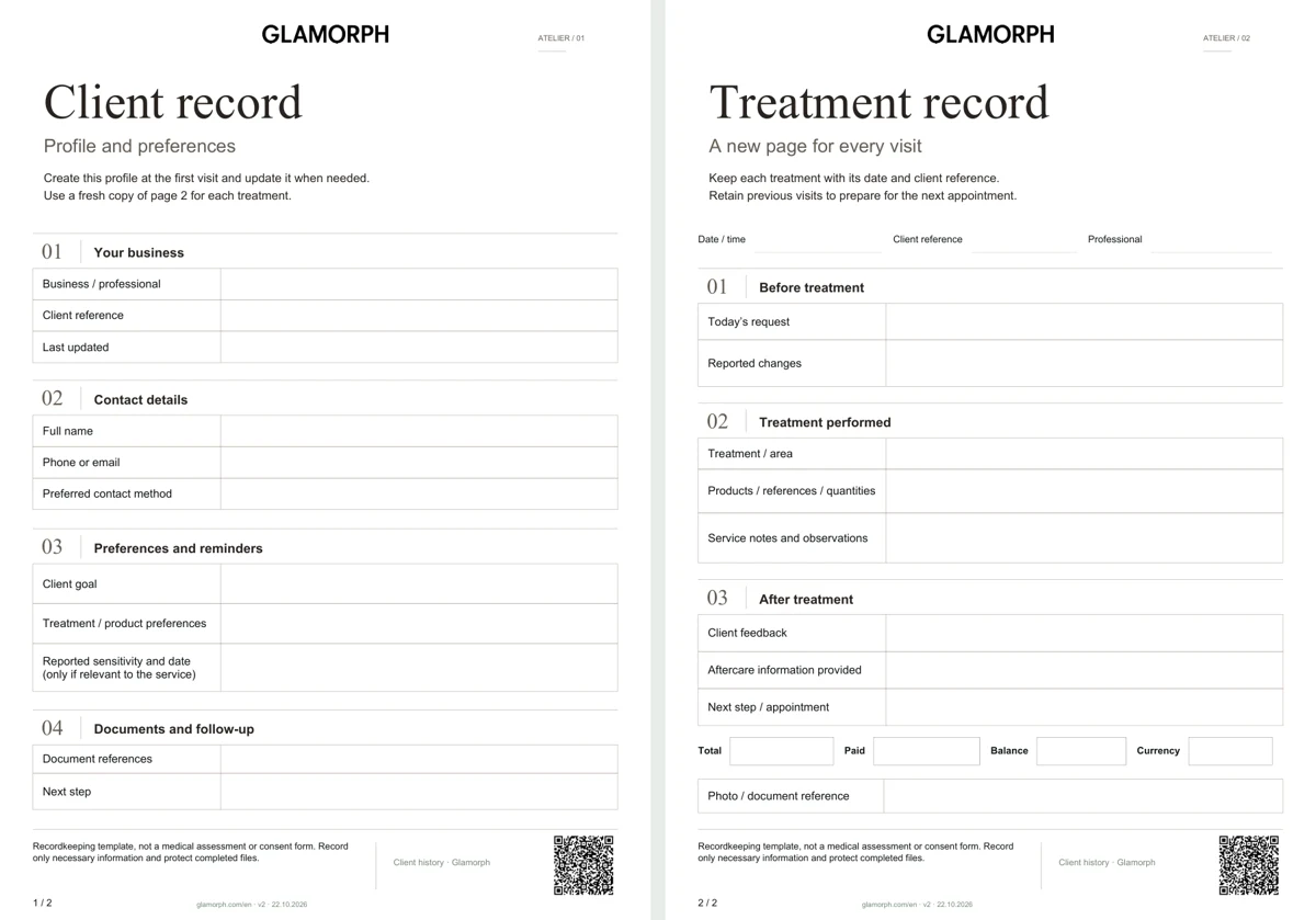 Both pages of the client profile and treatment record.