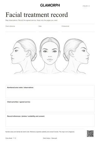 Template preview: Facial treatment map and service record — Sage · 3 pages