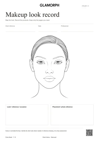 Template preview: Makeup face chart and application workbook — Beige · 4 pages
