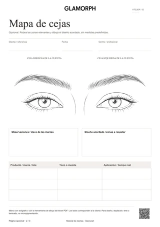Vista previa de la plantilla: Ficha de diseño de cejas y seguimiento — Atelier · 3 páginas