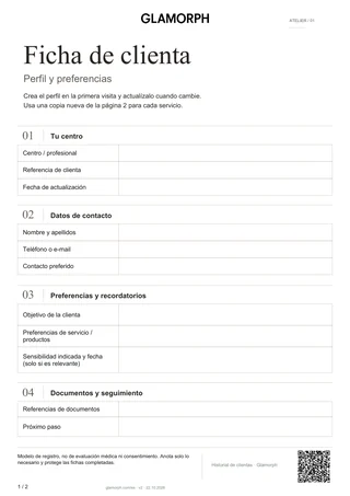 Vista previa de la plantilla: Ficha de clienta y registro del servicio — Ficha · 2 pág.