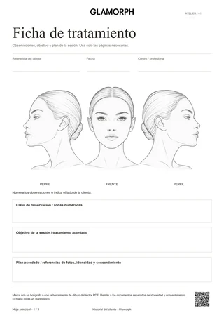 Vista previa de la plantilla: Esquema del rostro y ficha de tratamiento facial — Atelier · 3 páginas