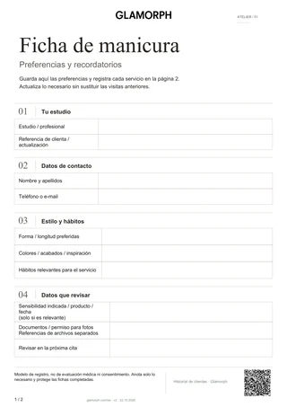 Vista previa de la plantilla: Ficha de clienta de manicura y registro de servicios — Ficha · 2 pág.