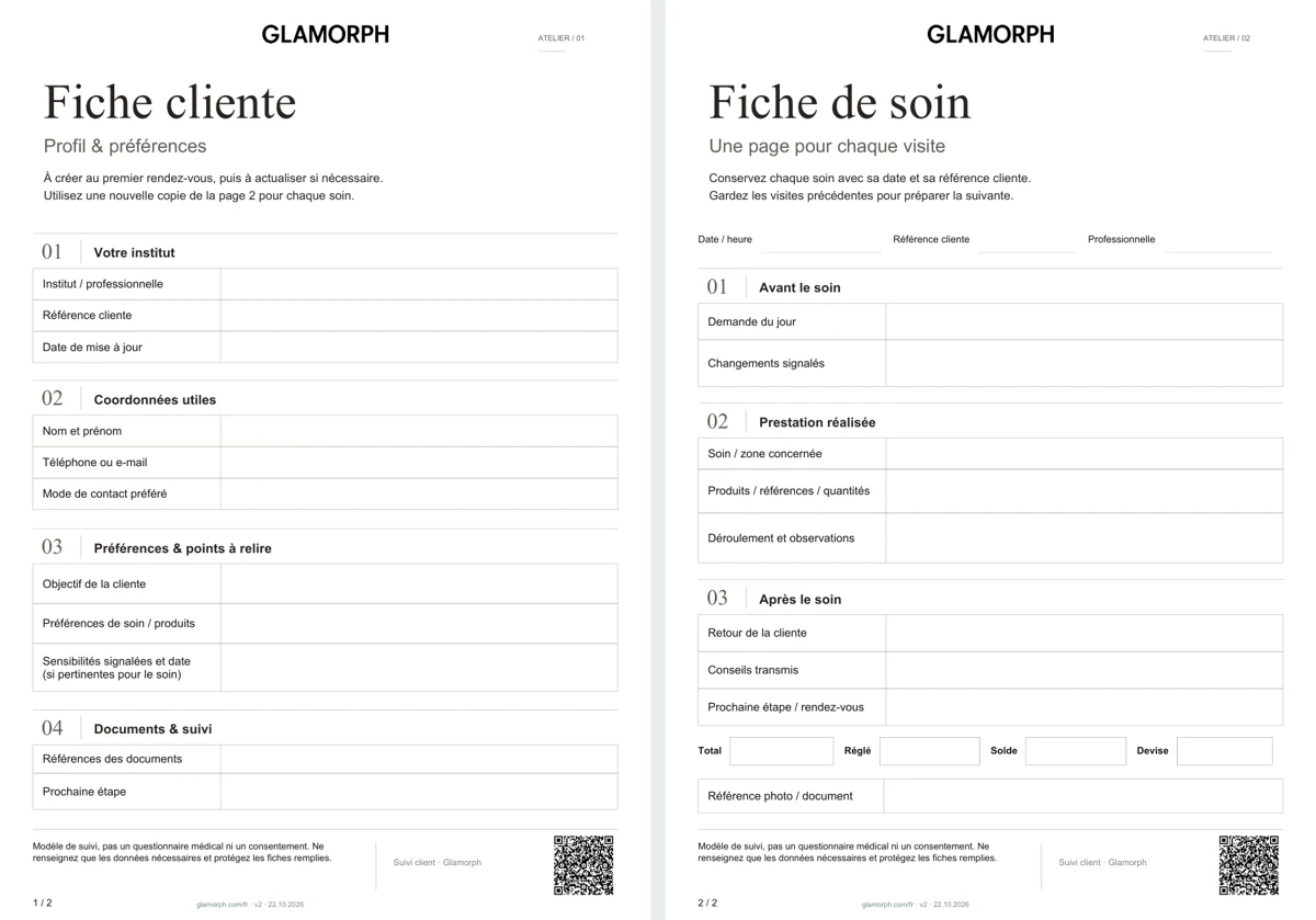 Aperçu du PDF français : une fiche pour le profil de la cliente et une fiche datée pour chaque soin.