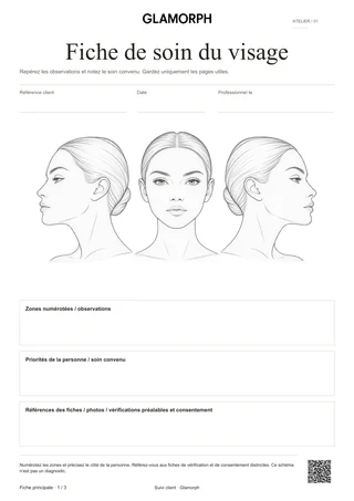 Aperçu du modèle: Schéma du visage et fiche de soin — Sauge · 3 pages