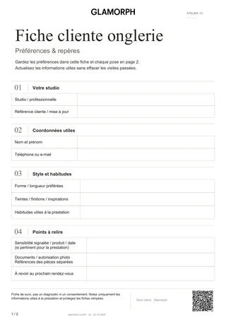 Aperçu du modèle: Fiche cliente onglerie et suivi des poses — Fiche · 2 p.