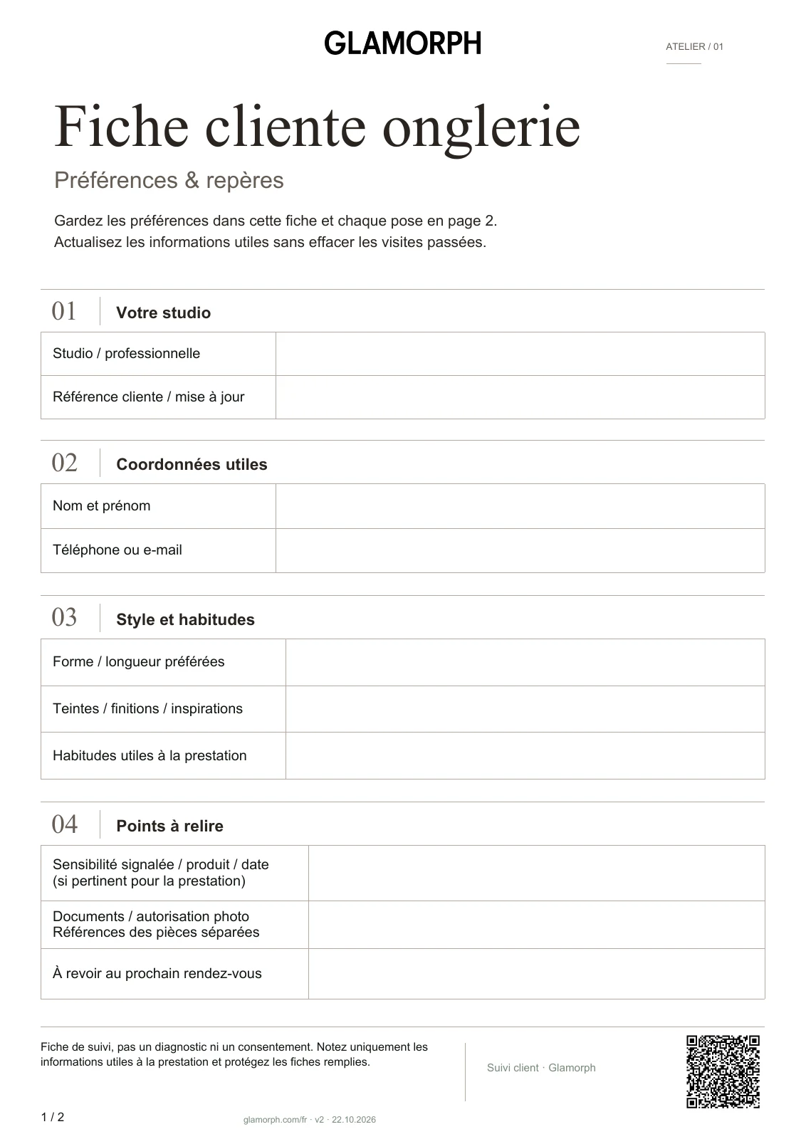 Page 1 entière du PDF onglerie : coordonnées, style, habitudes et points à relire.