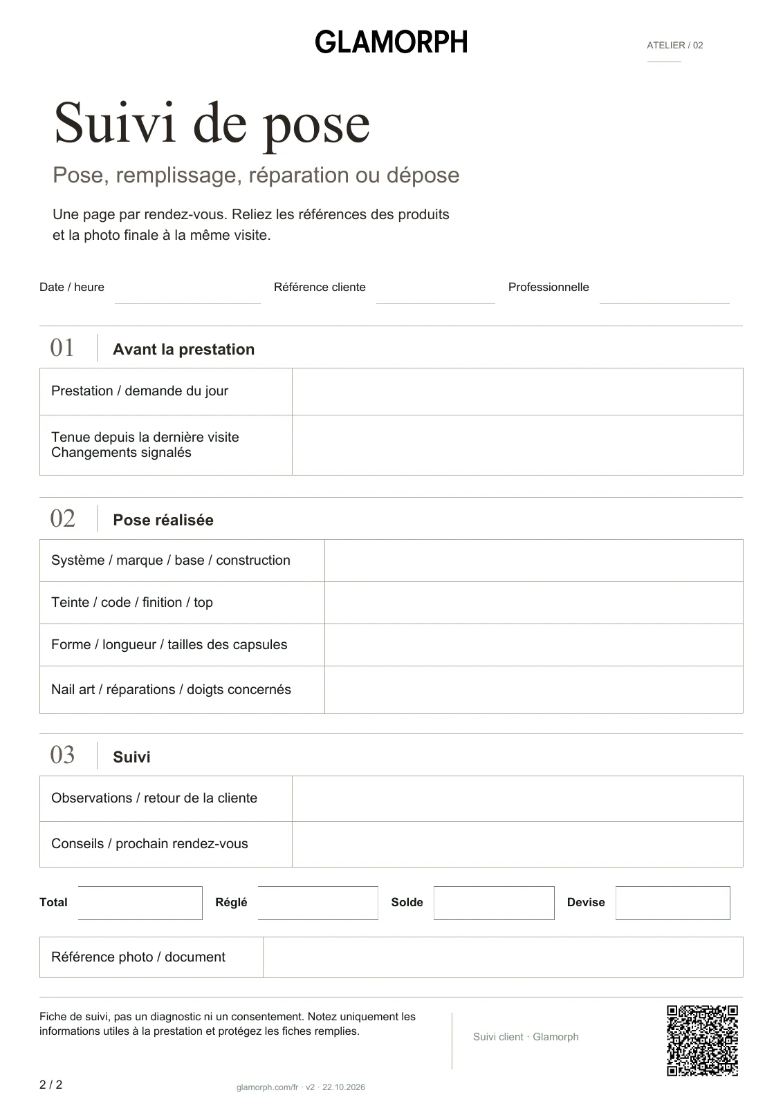Page 2 entière du PDF onglerie : produits, teinte, forme, réparations et retour de la cliente.
