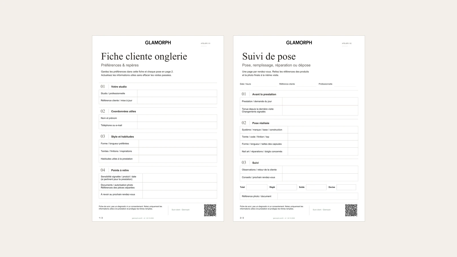 Aperçu de la fiche onglerie avec profil, système, teinte, forme, réparations et suivi de la pose.