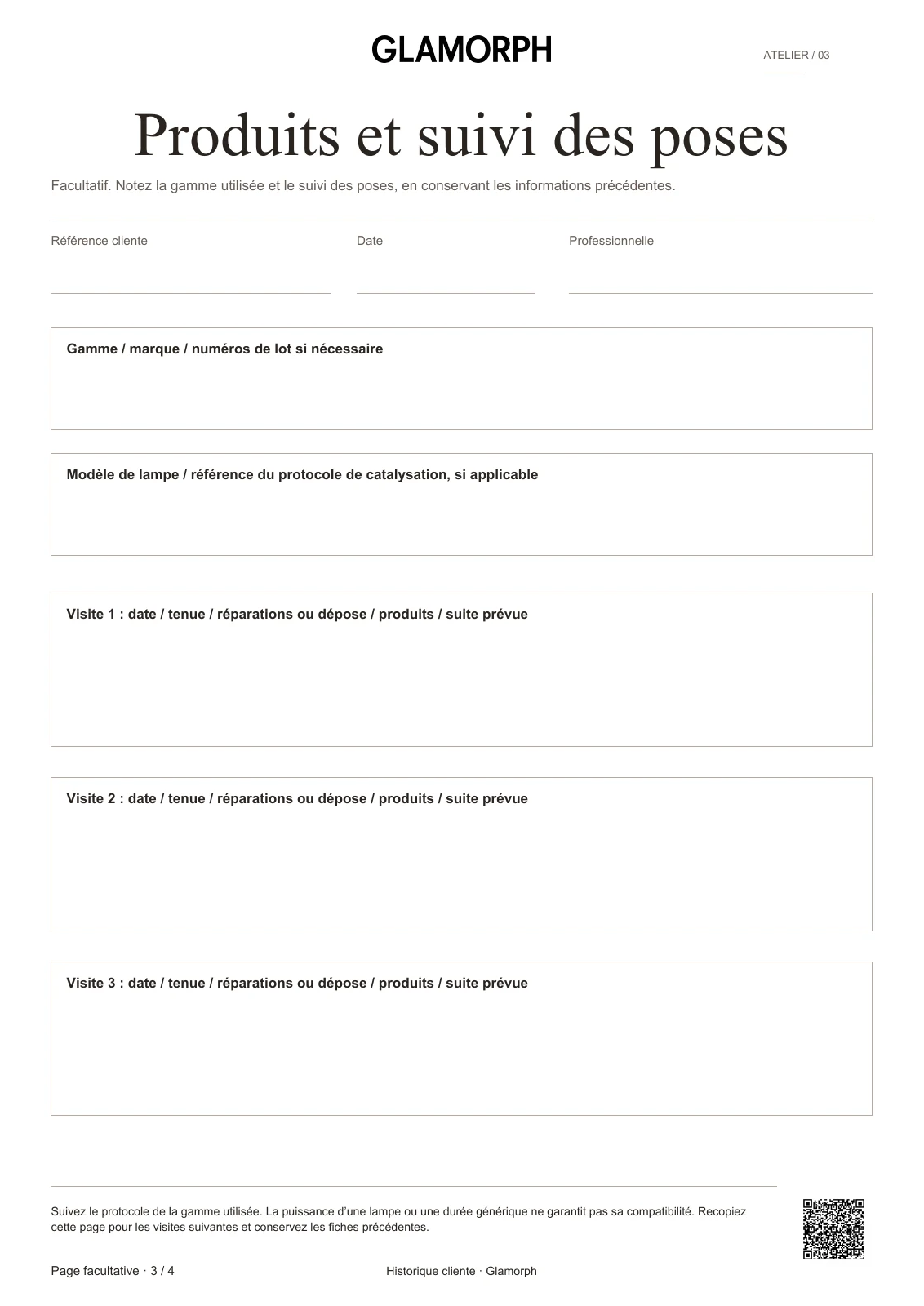Page de suivi du carnet onglerie avec les champs pour les poses successives et les références utilisées.