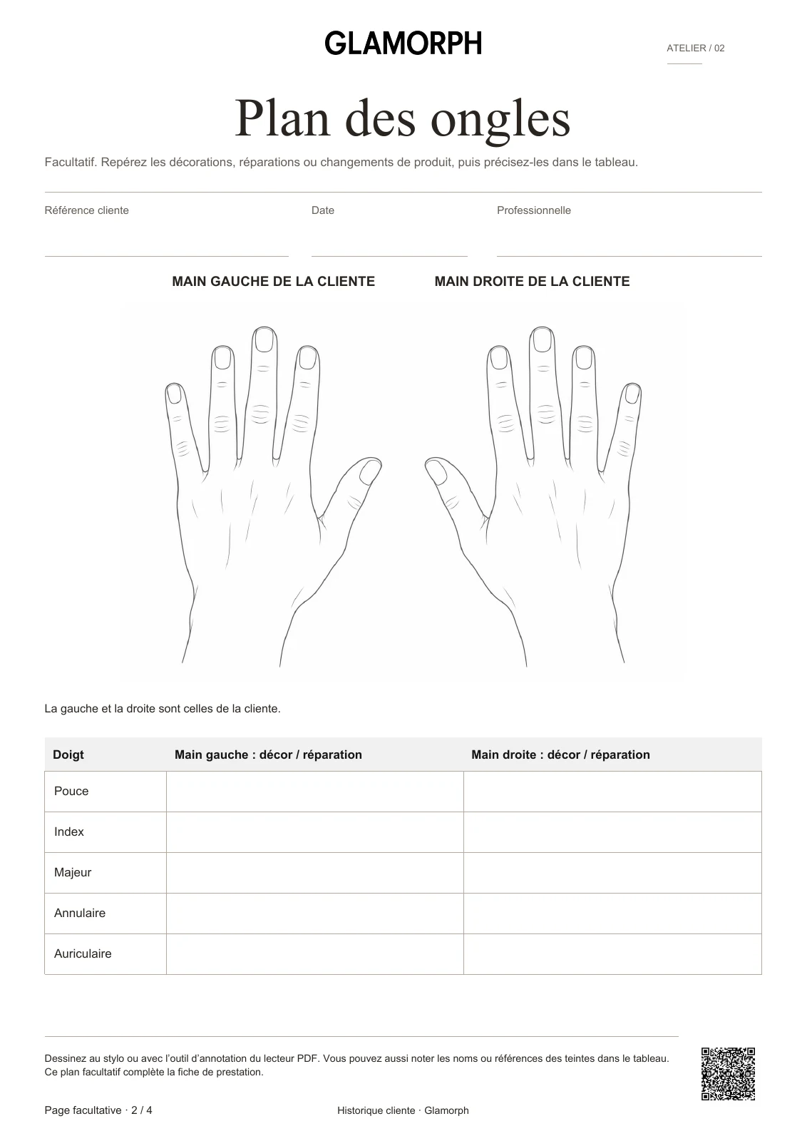 Page facultative du carnet : deux mains à annoter et tableau des réparations ou décorations par doigt.