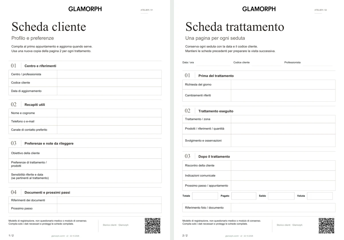 Anteprima del PDF italiano con profilo cliente e scheda separata per ogni trattamento.