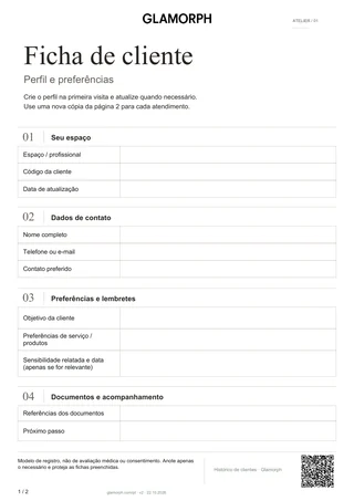 Prévia do modelo: Ficha de cliente e registro do atendimento — Ficha · 2 pág.