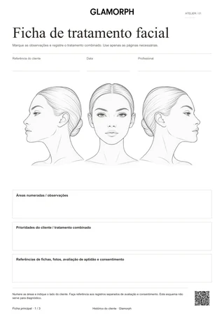 Prévia do modelo: Mapa do rosto e ficha de tratamento facial — Verde-sálvia · 3 páginas